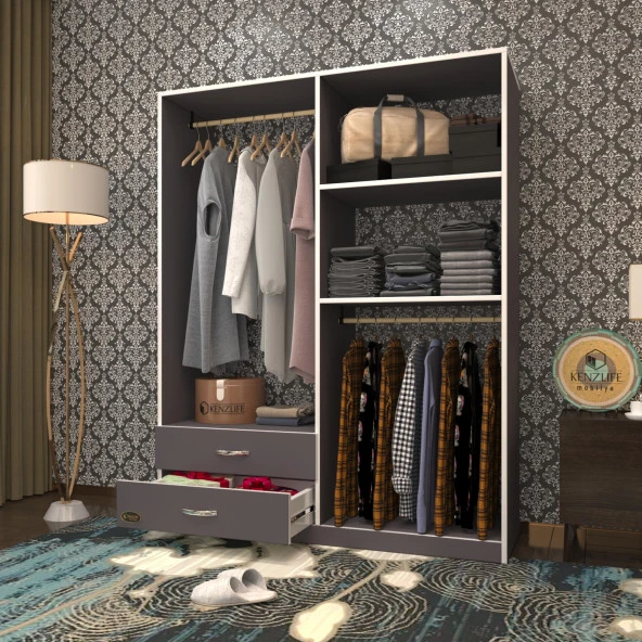 Kenzlife giysi dolabı şemsettin 175*120*40 gri gardırop 2 çekmeceli ürün görseli 1
