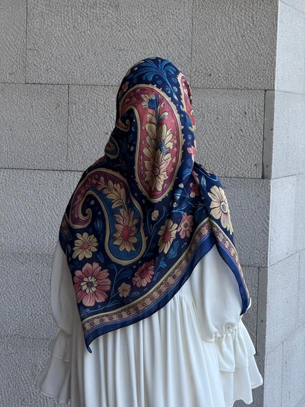Pamuklu Flora Desen Eşarp-Lacivert - Resim 6