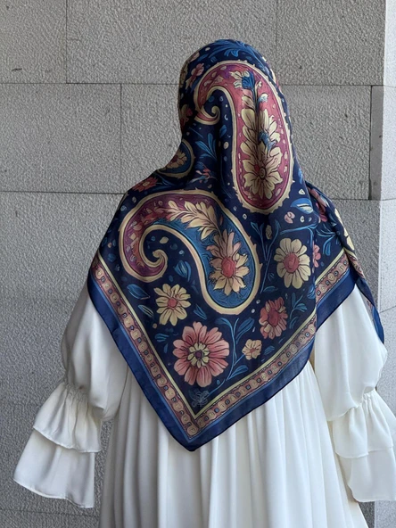 Pamuklu Flora Desen Eşarp-Lacivert - Resim 4