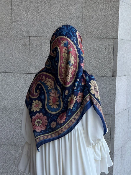 Pamuklu Flora Desen Eşarp-Lacivert - Resim 5