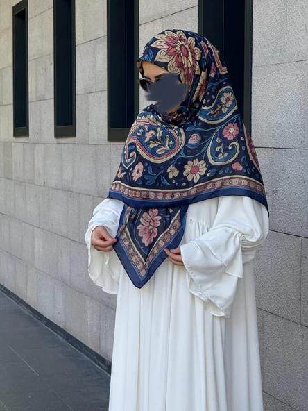 Pamuklu Flora Desen Eşarp-Lacivert - Resim 2