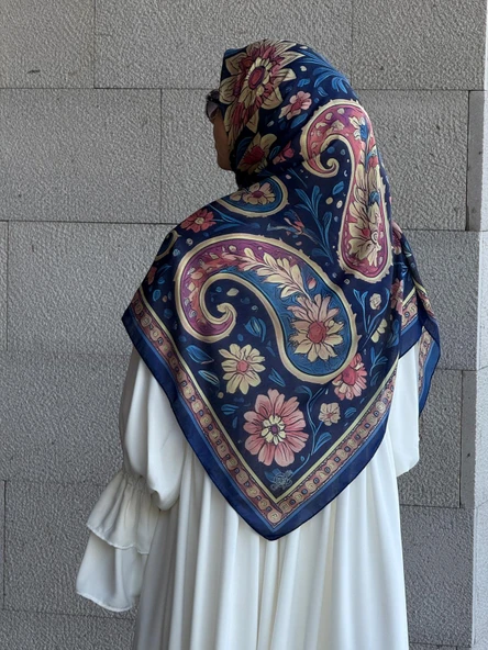Pamuklu Flora Desen Eşarp-Lacivert - Resim 9