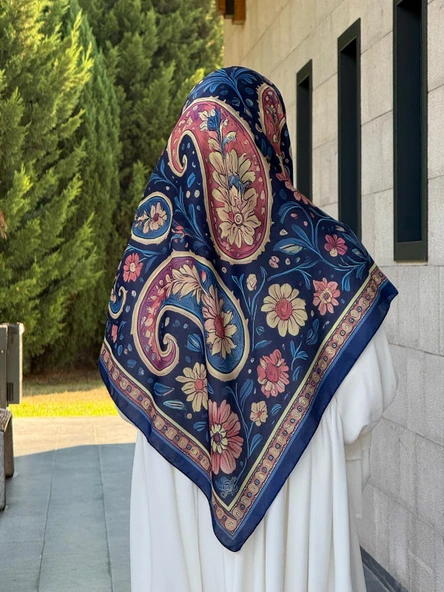 Pamuklu Flora Desen Eşarp-Lacivert - Resim 3