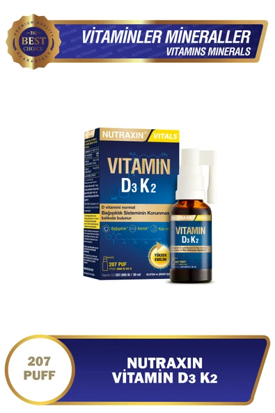 Vitals D3k2 30 Ml - 1000 Iu D3 Vitamini, 25 Mcg K2 Vitamini 207 Puf ürün görseli 1