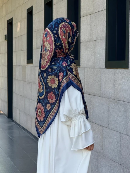 Pamuklu Flora Desen Eşarp-Lacivert - Resim 12