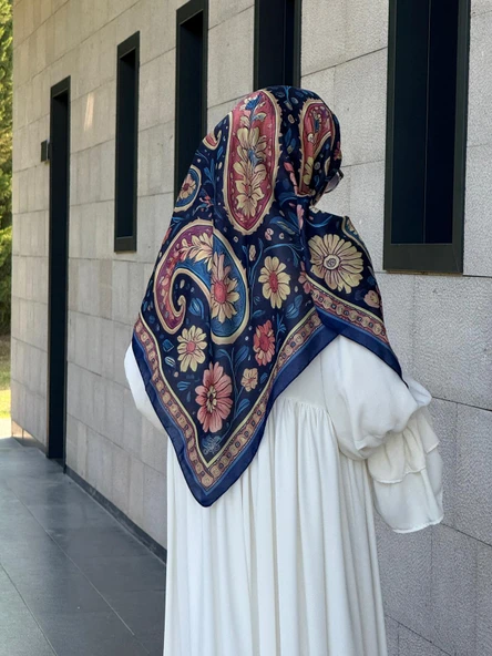 Pamuklu Flora Desen Eşarp-Lacivert - Resim 8