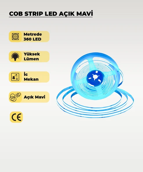 12V COB Şerit Led Açık Mavi Işık  - Metrede 360 Led - 5 Metre ürün görseli 1