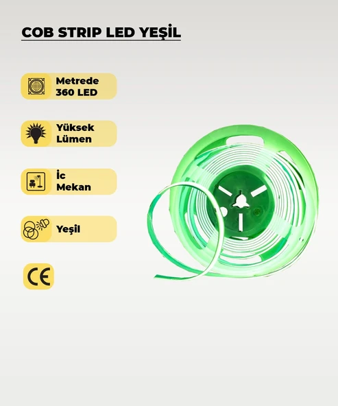 12V COB Şerit Led Yeşil Işık  - Metrede 360 Led - 5 Metre ürün görseli 1