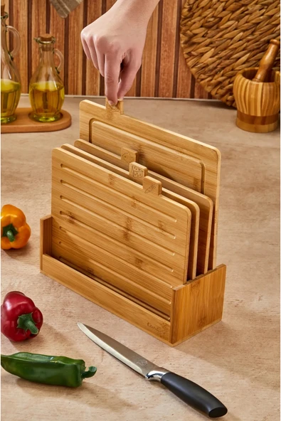 Cooker 5 Parça Standlı Fonksiyonel Bambu Kesim Panosu ürün görseli 1