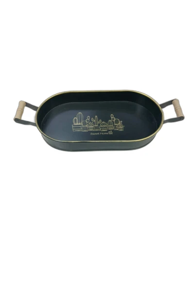 ERGENÇLERZÜCCACİYE Sweet Home Ahşap Saplı Ferforje Oval Tepsi 38x21 cm ürün görseli 1