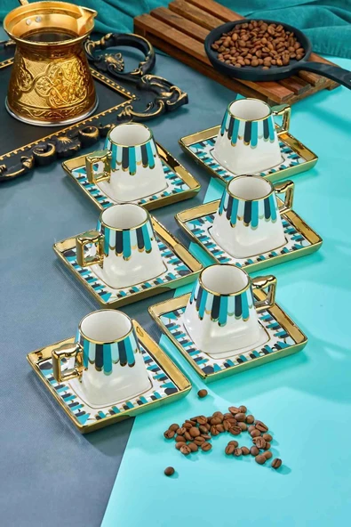 Cooker 90 ml Porselen 6'lı Kahve Fincanı Seti - Şık Tasarım Altın Yaldızlı Modern Fincan Takımı ürün görseli 1