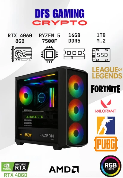 DFS Gaming CRYPTO RYZEN 5 7500F-B650M-RTX 4060 8GB-16GB DDR5 RAM-1TB M.2 SSD-OYUNCU BİLGİSAYARI ürün görseli 1