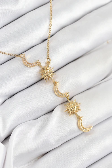 Zirkon Taşlı Güneş Ve Ay Model Gold Renk Kadın Kolye - EBJ250902W37768 ürün görseli 1