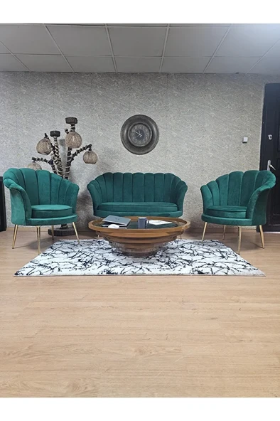 İstiridye Takım Gold Kaplama Sivriltme Ayak Çay Seti Koltuk Takımı Yeşil Renk 110 x 48 Boyut/Ebat ürün görseli 1