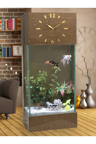 Dekor Akvaryum Full Set, Led Işıklı Saatli Kule Akvaryum Desenli Kahve ürün görseli 1