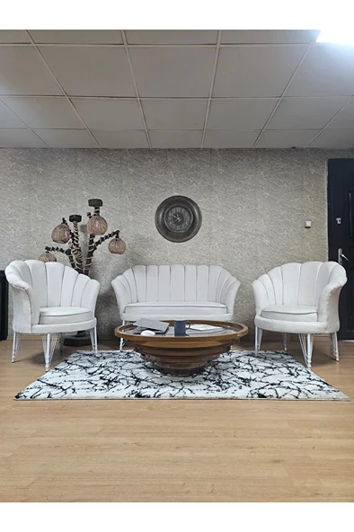 İstiridye Takım Beyaz Boyalı Telli Ayak Çay Seti Koltuk Takımı Krem Renk 110 x 48 Boyut/Ebat ürün görseli 1