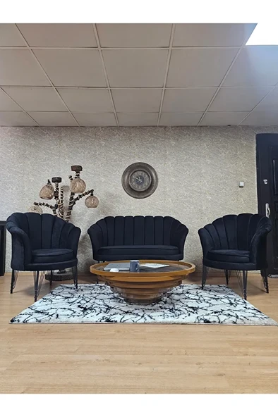 İstiridye Takım Siyah Boyalı Telli Ayak Çay Seti Koltuk Takımı Siyah Renk 110 x 48 Boyut/Ebat ürün görseli 1