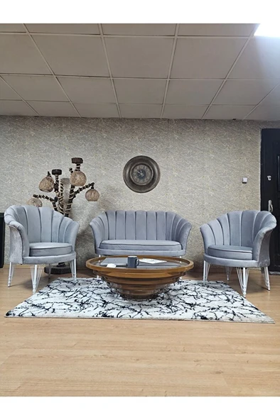 İstiridye Takım Beyaz Boyalı Telli Ayak Çay Seti Koltuk Takımı Gri Renk 110 x 48 Boyut/Ebat ürün görseli 1