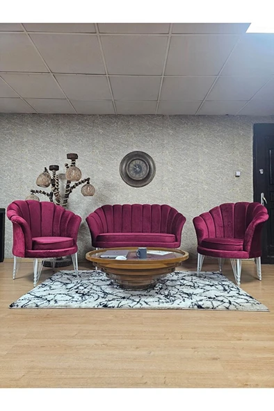 İstiridye Takım Beyaz Boyalı Telli Ayak Çay Seti Koltuk Takımı Bordo Renk 110 x 48 Boyut/Ebat ürün görseli 1