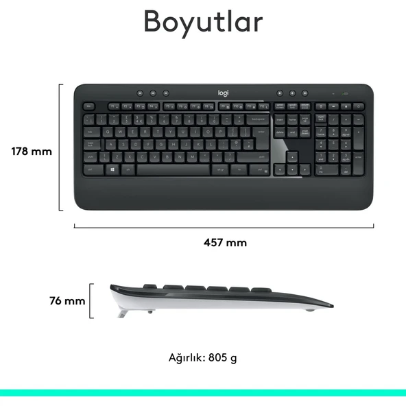 MK540 ADVANCED Kablosuz Türkçe Klavye Mouse Seti - Siyah - Resim 5