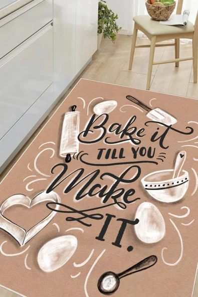 Dijital Baskılı Dekoratif Kaymaz Taban Yıkanabilir Bake Make It Desenli Mutfak Halısı Krem 50 x 60 cm