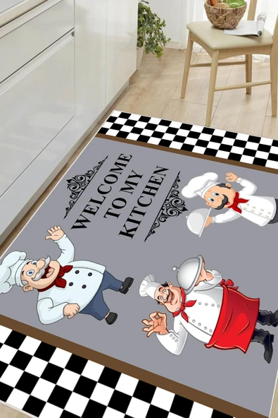 Dijital Baskılı Dekoratif Kaymaz Taban Yıkanabilir Aşçı Desenli Mutfak Halısı Gri 50x60 cm