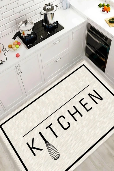 Kitchen Yazılı Dijital Baskılı Dekoratif Kaymaz Taban Yıkanabilir Mutfak Halısı Krem 200 x 290 cm ürün görseli 1