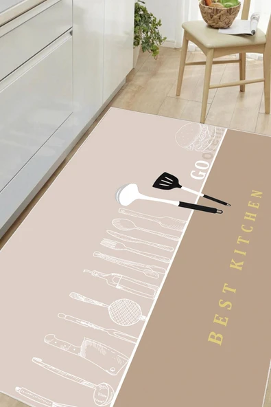 Dijital Baskılı Dekoratif Kaymaz Taban Yıkanabilir Best Kitchen Desenli Mutfak Halısı Krem 50 x 60 cm