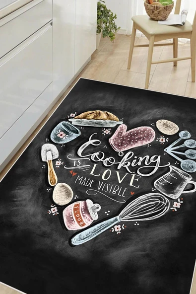 Dijital Baskılı Dekoratif Kaymaz Taban Yıkanabilir Cooking Love Mutfak Halısı Antrasit 80 x 250 cm ürün görseli 1