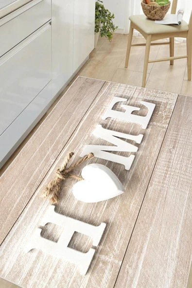 Dijital Baskılı Dekoratif Kaymaz Taban Yıkanabilir Kalp Desenli Mutfak Halısı Yolluk Krem 100 x 250 cm ürün görseli 1