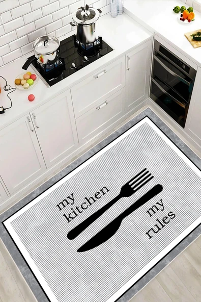 Dijital Baskılı Dekoratif Kaymaz Taban Yıkanabilir My Kitchen Desenli Halı Mutfak Halısı Yolluk Gri 80x400 cm ürün görseli 1