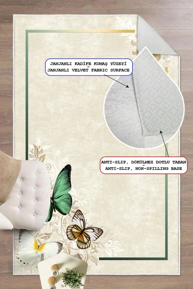 Dijital Baskılı Dekoratif Kaymaz Taban Yıkanabilir Kelebek Desen Halı Salon Halısı Yolluk Mutfak Halısı Krem 80x200 cm ürün görseli 1