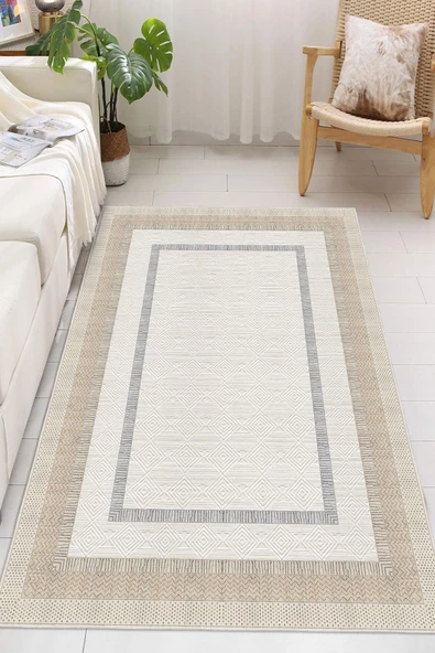 Çerçeve Desenli Dekoratif Kaymaz Taban Yıkanabilir Halı Salon Halısı Krem 120 x 200 cm ürün görseli 1