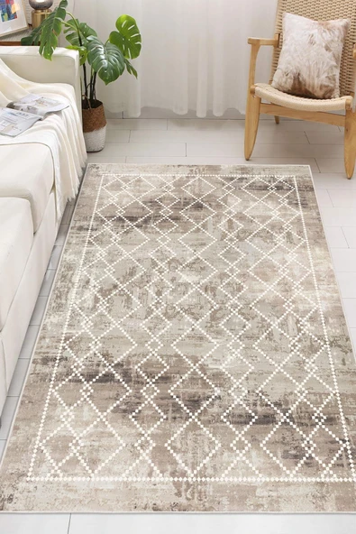Kilim Desen Dekoratif Kaymaz Taban Yıkanabilir Dijital Baskılı Salon Halısı Kahverengi 100x400 cm ürün görseli 1