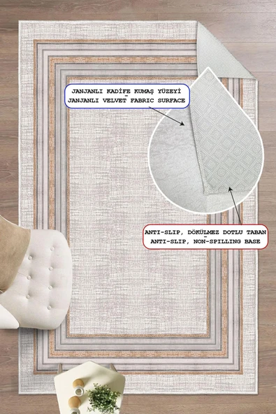 Dijital Baskılı Çerçeveli Dekoratif Kaymaz Taban Yıkanabilir Halı Salon Halısı Gri 60x200 cm ürün görseli 1