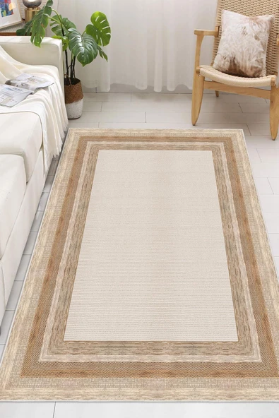 Dijital Baskılı Çerçeve Desenli Dekoratif Kaymaz Taban Yıkanabilir Halı Salon Halısı Turuncu 100x150 cm ürün görseli 1