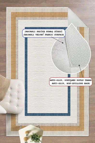 Modern Çerçeve Desenli Dekoratif Kaymaz Taban Yıkanabilir Salon Halısı Altın 80 x 300 cm ürün görseli 1