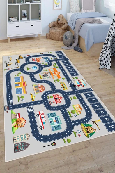 Dijital Baskılı Dekoratif Kaymaz Taban Yıkanabilir Trafik Parkı Temalı Çocuk Halısı Gri 80x150 cm ürün görseli 1