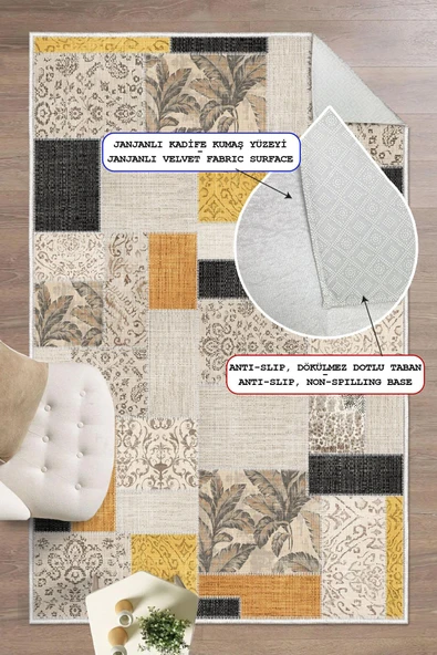 Dijital Baskılı Dekoratif Patchwork Kilim Kaymaz Taban Yıkanabilir Halı Sarı 200x400 cm ürün görseli 1
