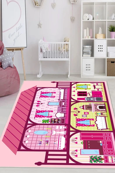 Dijital Baskılı Dekoratif Kaymaz Taban Yıkanabilir Prenses Evi Temalı Çocuk Halısı Pembe 100x500 cm ürün görseli 1