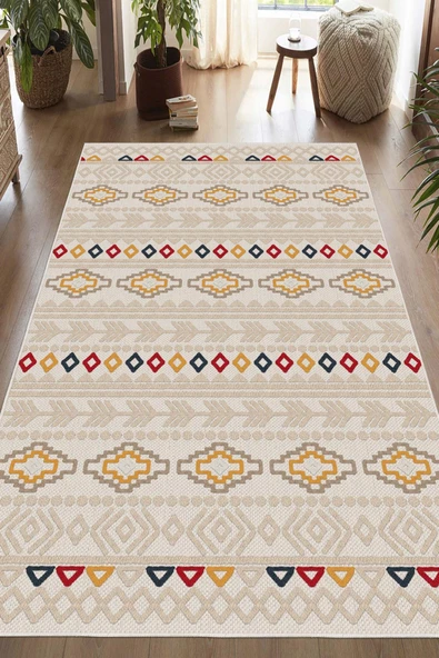 Dijital Baskılı Dekoratif Kaymaz Taban Yıkanabilir Kilim Desenli Salon Halısı Krem 100x400 cm ürün görseli 1