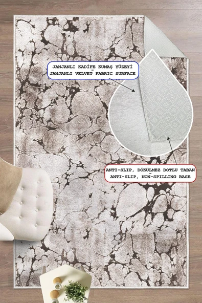 Dijital Baskılı Mermer Desenli Dekoratif Kaymaz Taban Yıkanabilir Halı Salon Halısı Yolluk Bej 200x250 cm ürün görseli 1
