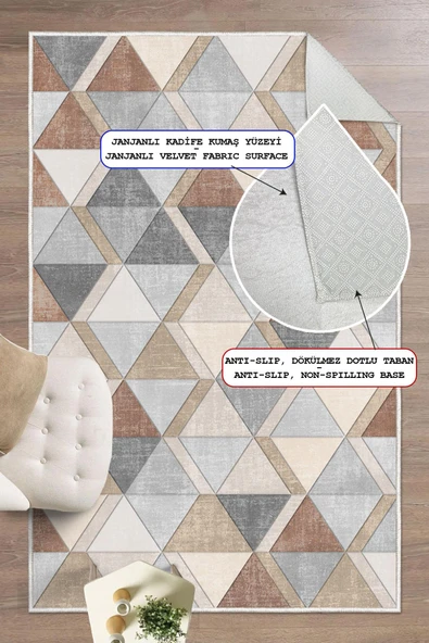 Dijital Baskılı Dekoratif Kaymaz Taban Yıkanabilir Geometrik Desen Halı Salon Halısı Yolluk Gri 80x150 cm ürün görseli 1