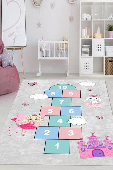 Dijital Baskılı Dekoratif Kaymaz Taban Yıkanabilir Kız Çocuk Seksek Temalı Modern Çocuk Halısı Gri 60x100 cm ürün görseli 1