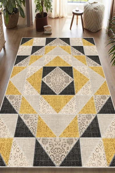 Dijital Baskılı Dekoratif Patchwork Kilim Desenli Kaymaz Taban Yıkanabilir Halı Siyah 100x250 cm ürün görseli 1