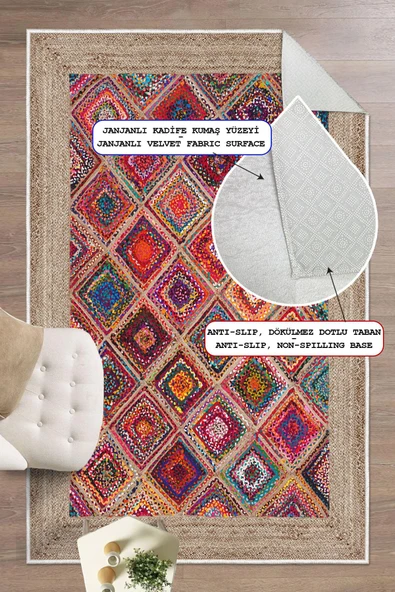 Dijital Baskılı Kilim Desen Dekoratif Kaymaz Taban Yıkanabilir Salon Halısı Çok Renkli 80x200 cm ürün görseli 1