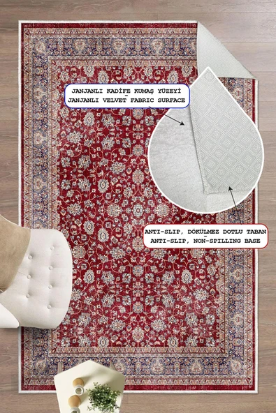 Dijital Baskılı Dekoratif Kaymaz Taban Yıkanabilir Klasik Salon Halısı Kırmızı 80x400 cm ürün görseli 1