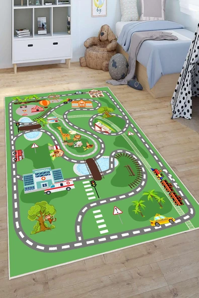 Dijital Baskılı Dekoratif Kaymaz Taban Yıkanabilir Trafik Parkı Temalı Modern Çocuk Halısı Yeşil 200 x 300 cm ürün görseli 1