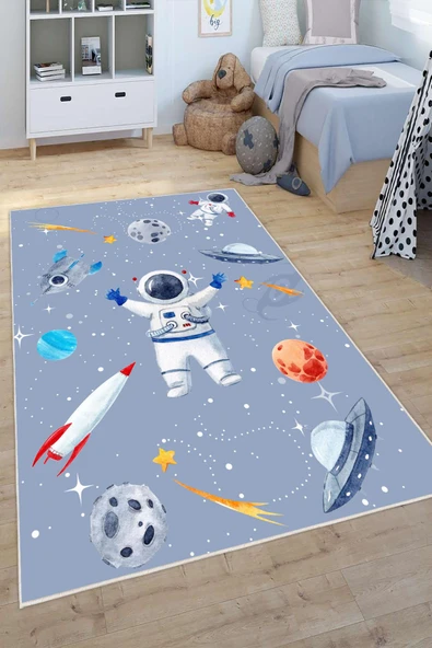 Dijital Baskılı Dekoratif Kaymaz Taban Yıkanabilir Uzay Temalı Modern Çocuk Halısı Gri 100 x 500 cm ürün görseli 1