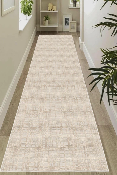 Dijital Baskılı Dekoratif Kaymaz Taban Yıkanabilir Modern Yolluk Antre Hol Halısı Salon Halısı Krem 80 x 250 cm ürün görseli 1